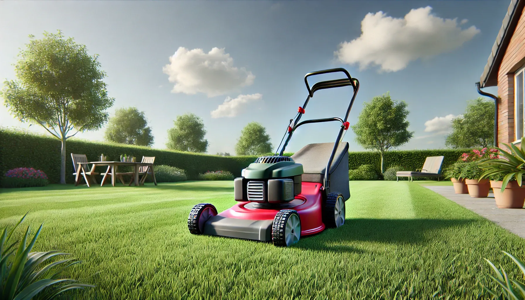 A lawnmower on a freshly cut lawn with vibrant grass